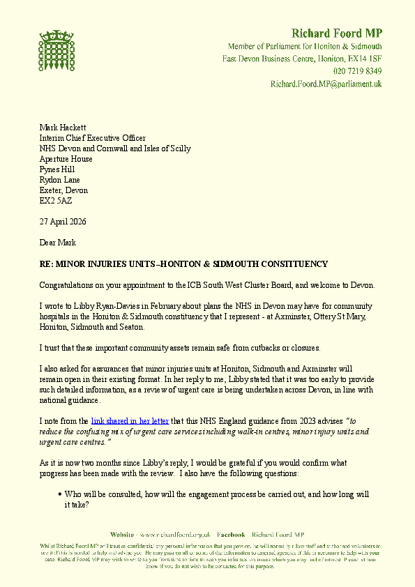 Richard Foord's letter to Mike Hacket, Interim CEO of NHS Devon