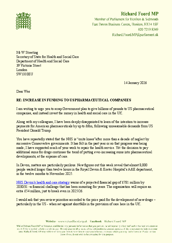 A letter on Parliamentary paper from Richard Foord MP to the Secretary of State for Health, Wes Streeting MP