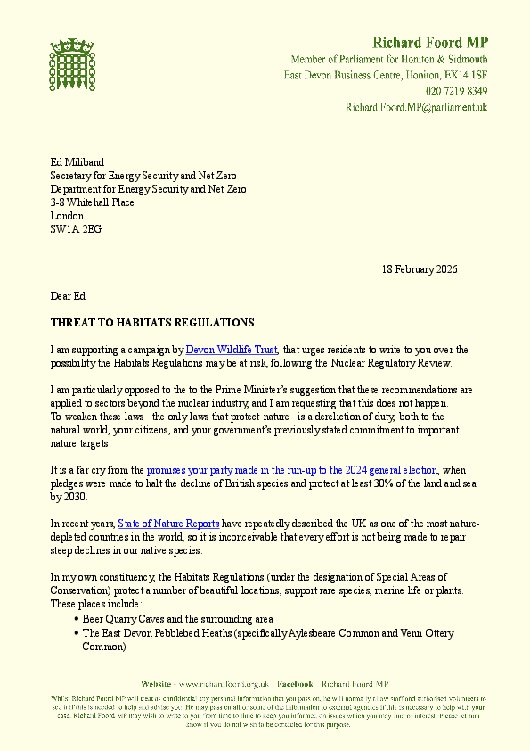 A letter to the Secretary of State for Energy Security and Net Zero on habitat regulations